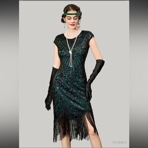 YESSA 1920s Flapper Sequin Fringe Dress Green Beaded Gatsby Party